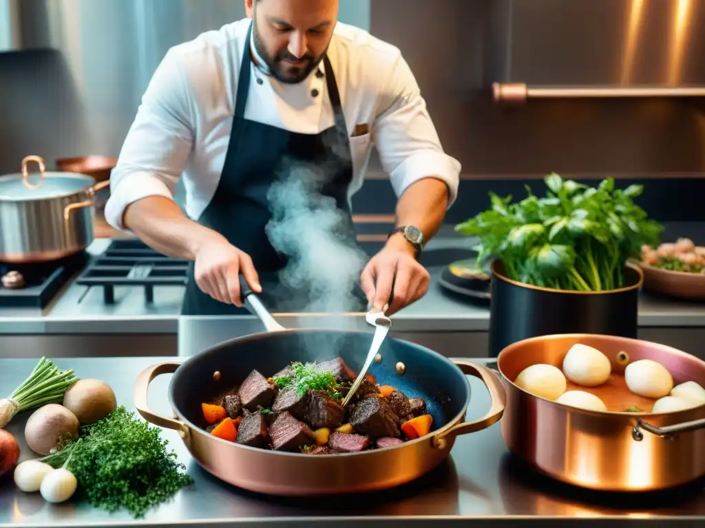 Chef preparando la receta tradicional Boeuf Bourguignon francés en una cocina francesa bulliciosa y acogedora