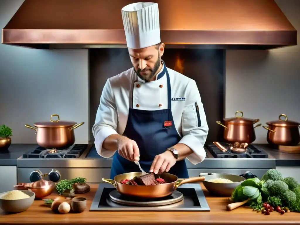 Un chef francés prepara la receta tradicional Boeuf Bourguignon en una cocina rústica y acogedora