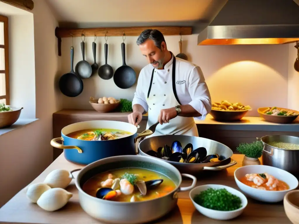 El chef prepara una receta tradicional Bouillabaisse Provenza en una cocina acogedora y auténtica