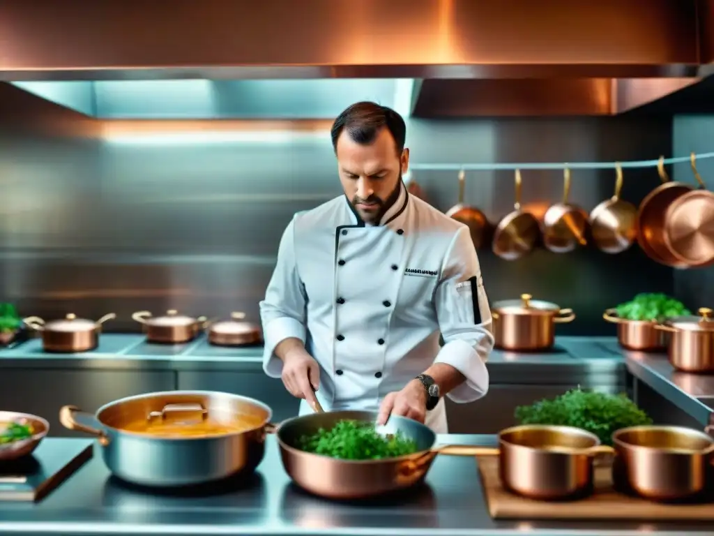 Un chef prepara una Receta Blanquette Veau Tradicional Francesa en una cocina francesa tradicional llena de utensilios de cobre y hierbas frescas