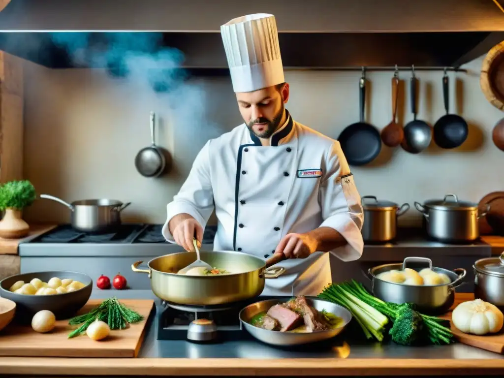 Un chef francés prepara una Receta Blanquette Veau Tradicional Francesa en una acogedora cocina rústica