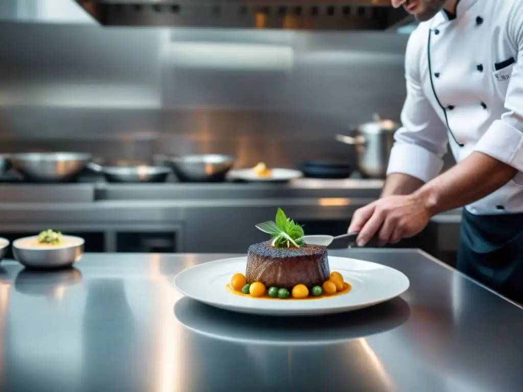 Chef Alexandre Couillon preparando meticulosamente una receta tradicional francesa en su restaurante con estrella Michelin