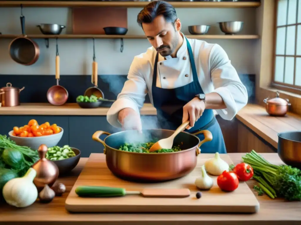 Un chef preparando la receta tradicional Potee Normande en una cocina francesa rústica y detallada