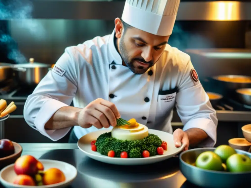 Un chef preparando la receta Trucha Normanda con manzana y crema en una cocina profesional