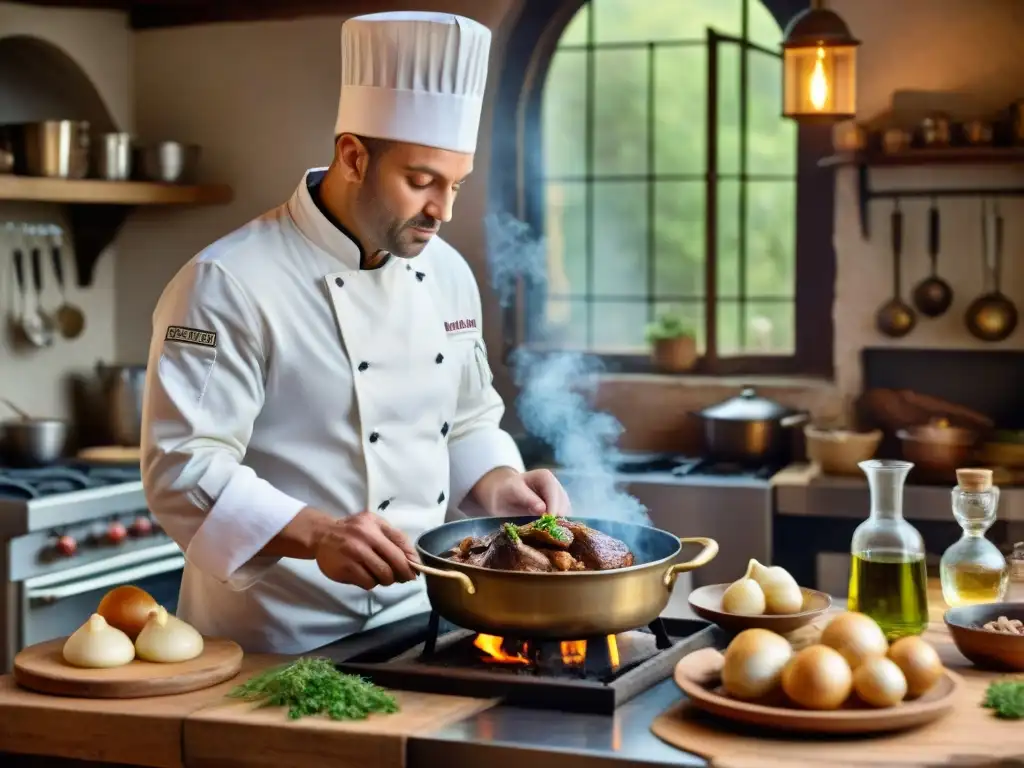 Un chef francés revive recetas históricas francesas al preparar un Coq au Vin en una cocina rústica de campo