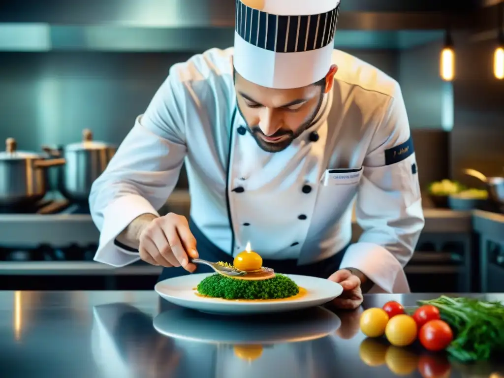 Un chef francés fusiona recetas tradicionales e innovación en una cocina moderna, creando una obra maestra gastronómica