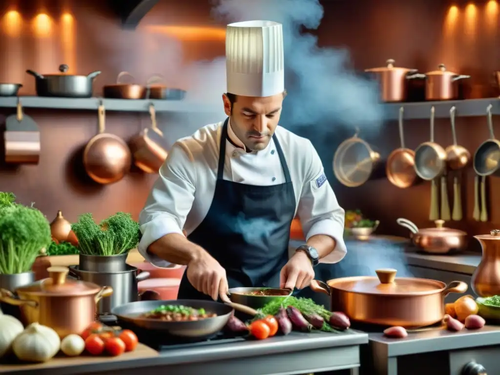 Chef francés preparando recetas tradicionales gastronomía francesa en cocina rústica y moderna