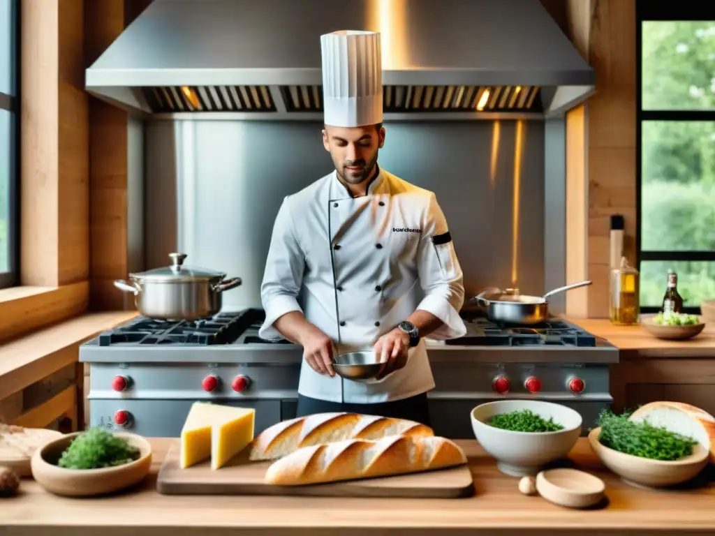 Un chef preparando recetas tradicionales gastronomía francesa en cocina moderna con ingredientes frescos y vino