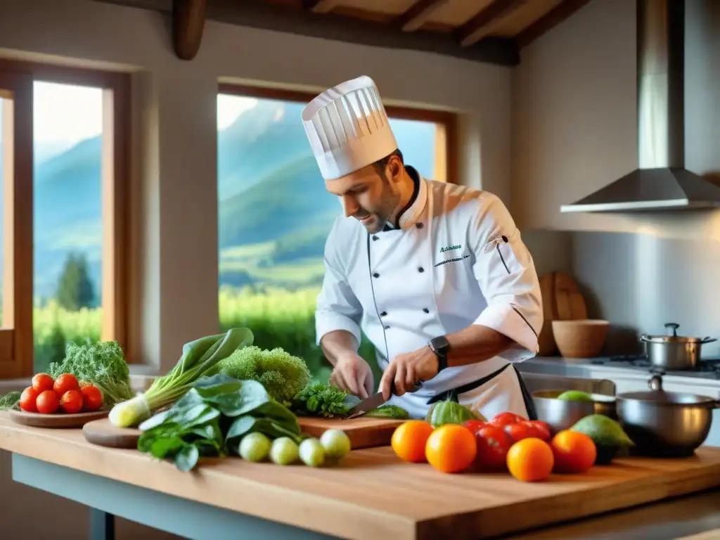 Un chef francés prepara recetas de verduras alpinas en una cocina rústica en los Alpes franceses