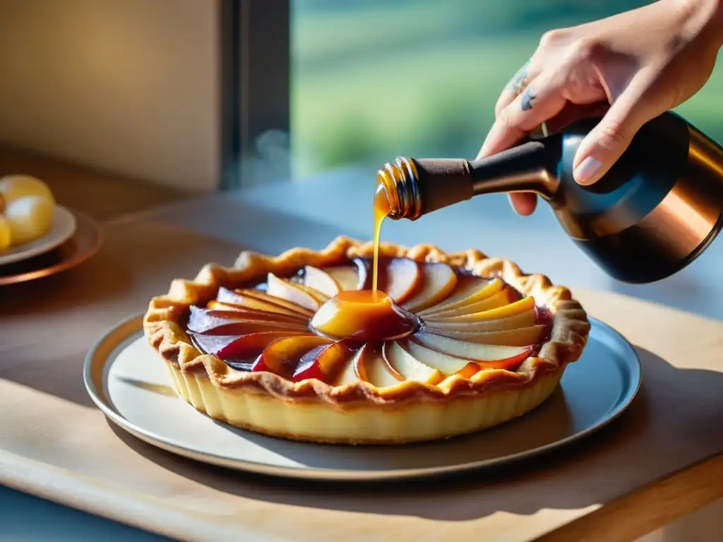 Un chef francés vierte reducción de sidra sobre tarte Tatin recién horneada, en un escenario campesino francés