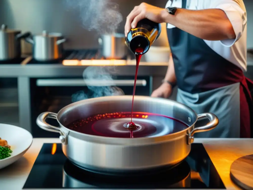 El chef prepara una reducción de vino rojo en una competencia culinaria