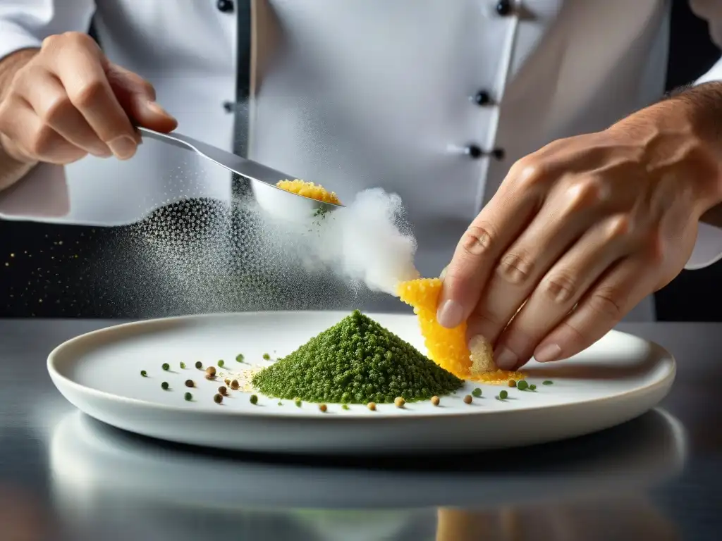 Un chef renombrado en una cocina profesional, espolvoreando Sal de Guérande en un plato gourmet