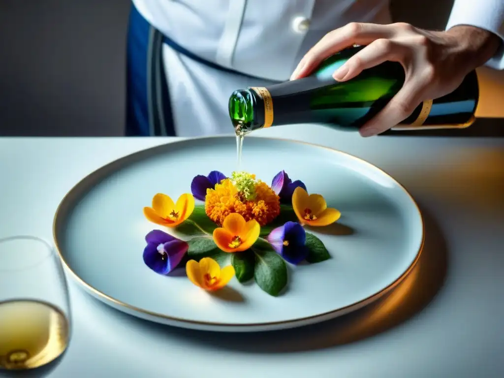 Un chef renombrado arregla flores comestibles en plato refinado, con Champagne de fondo