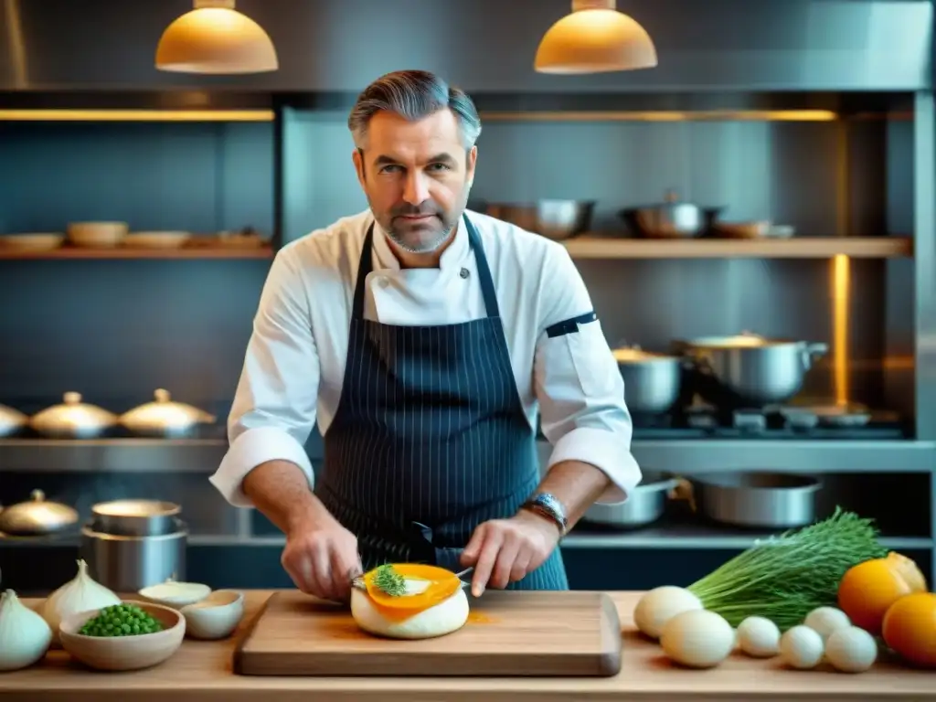 Un chef breton renombrado elaborando un plato tradicional en una cocina moderna e innovadora, fusionando técnicas ancestrales con herramientas contemporáneas, rodeado de ingredientes locales vibrantes