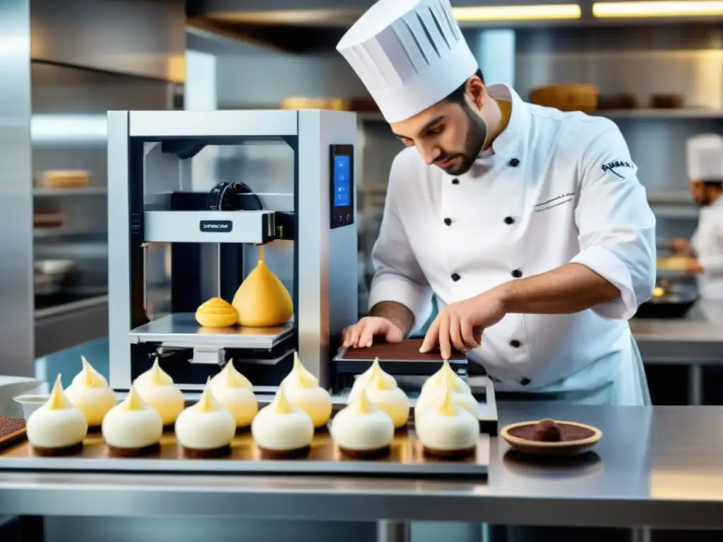 Un chef renombrado programa una delicada obra de repostería en una impresora 3D en una escuela culinaria francesa, fusionando tecnología e arte culinario