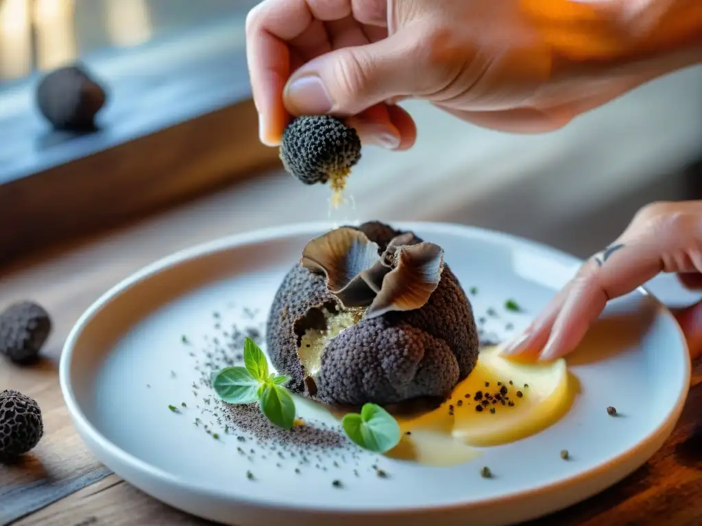 Un chef renombrado rallando trufa negra sobre un exquisito plato en una cocina provenzal