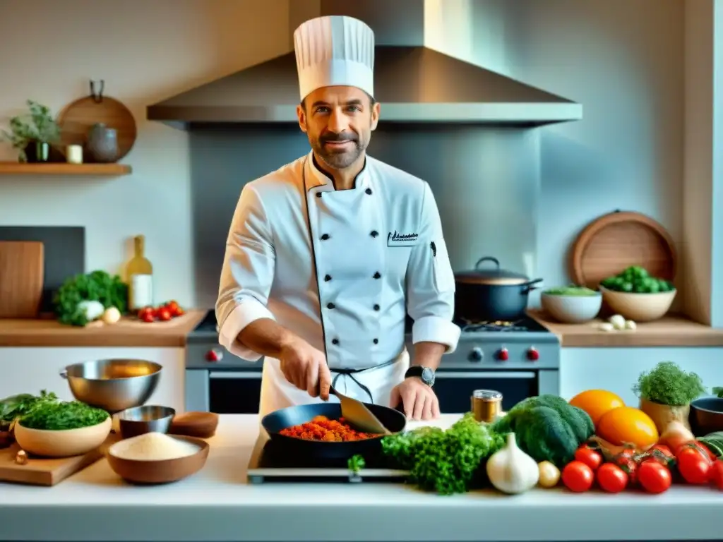 Un chef francés de renombre en una cocina tradicional, rodeado de ingredientes frescos y coloridos