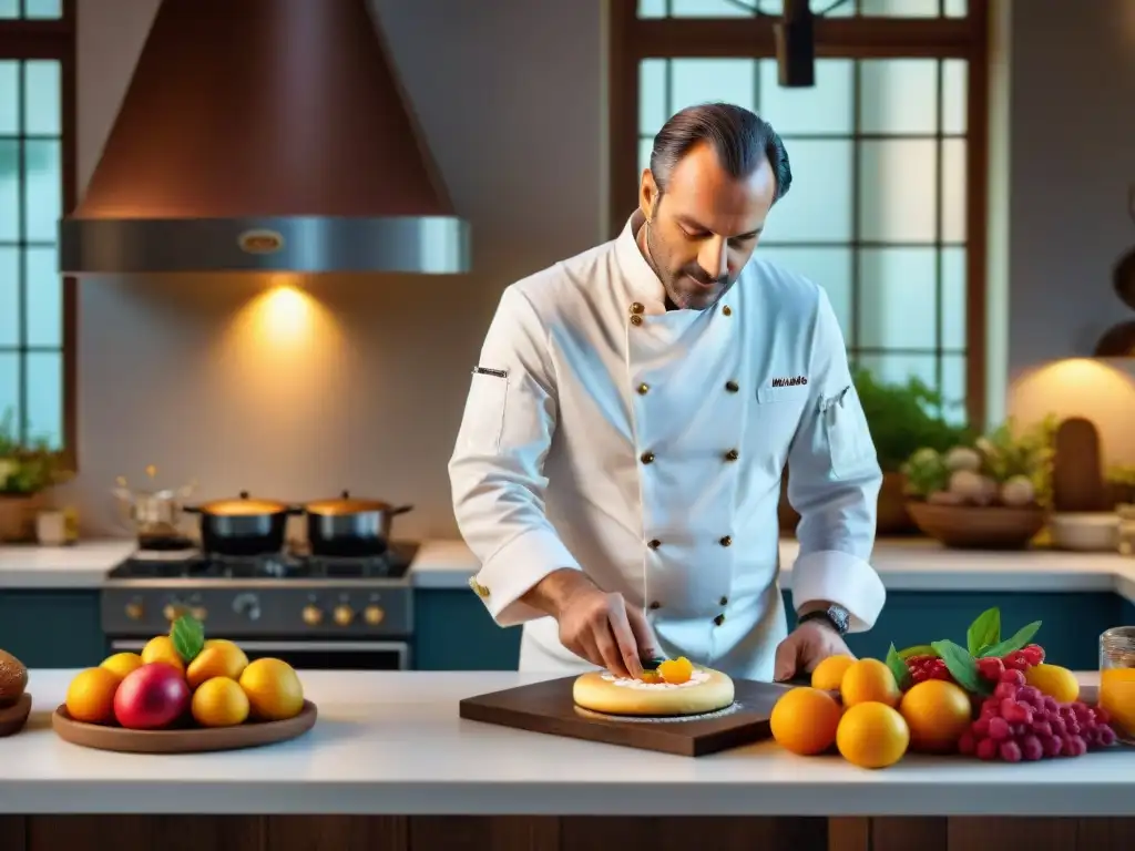 Un chef francés de renombre creando una exquisita pastelería en una cocina tradicional