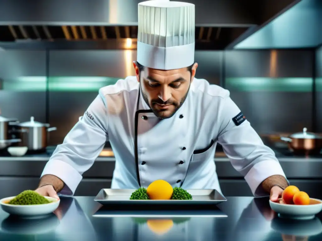 Un chef francés de renombre mundial creando una innovadora obra de arte culinaria en una cocina moderna