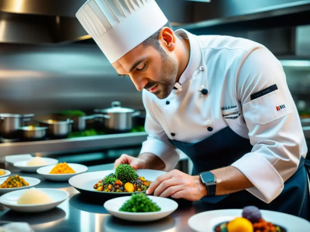 Un chef francés de renombre mundial en un restaurante de alta gama en Francia preparando un exquisito plato Michelin