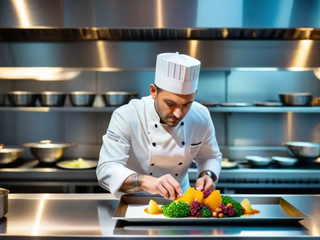 Un chef francés de renombre creando una obra maestra culinaria en un elegante restaurante Estrella Michelin en Francia