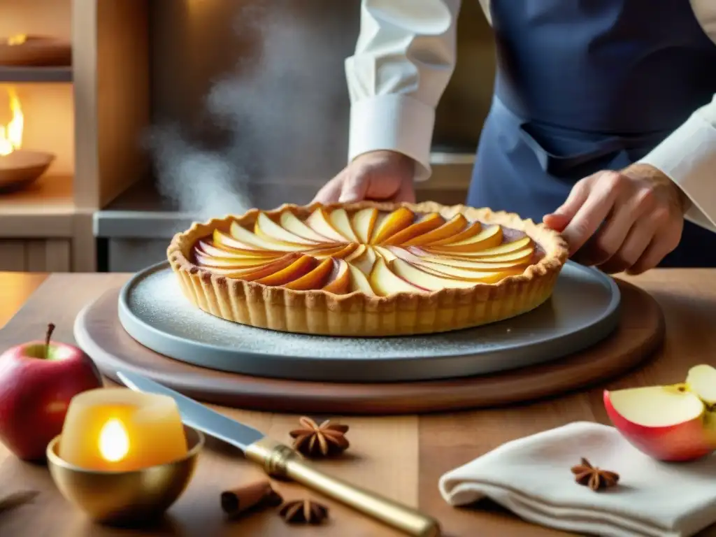 Un chef de repostería francés espolvorea canela sobre una tarta de manzana, destacando la delicadeza y excelencia de la gastronomía francesa