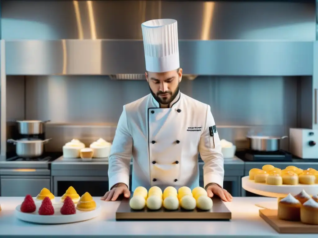 Chef francés supervisa impresión 3D de repostería en cocina moderna: gastronomía francesa innovadora con impresión 3D