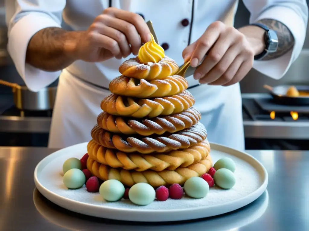 Un chef de repostería en acción, decorando un croquembouche con maestría y precisión, en una cocina de pastelería francesa