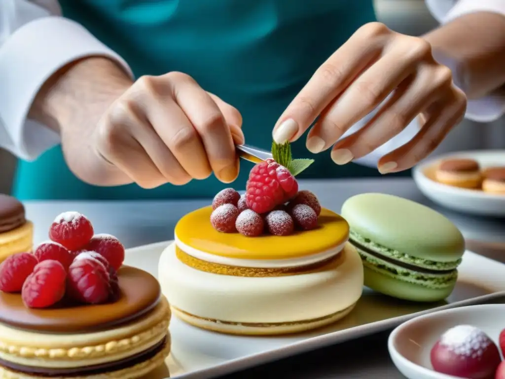 Chef de repostería: arte francés en una pastelería elegante Un chef de repostería coloca con cuidado una frambuesa en un postre francés gourmet en una elegante pastelería francesa