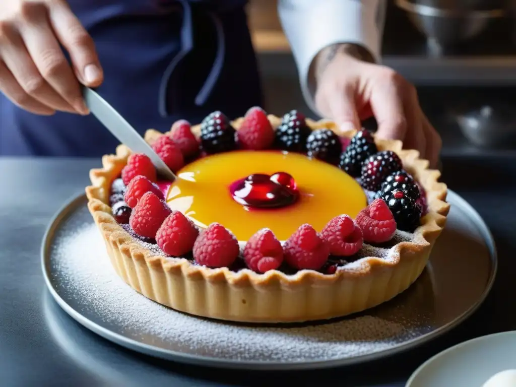 Un chef de repostería francés crea un delicado postre de frutas con frambuesas y glaseado de albaricoque, iluminado por la luz natural de una pastelería francesa