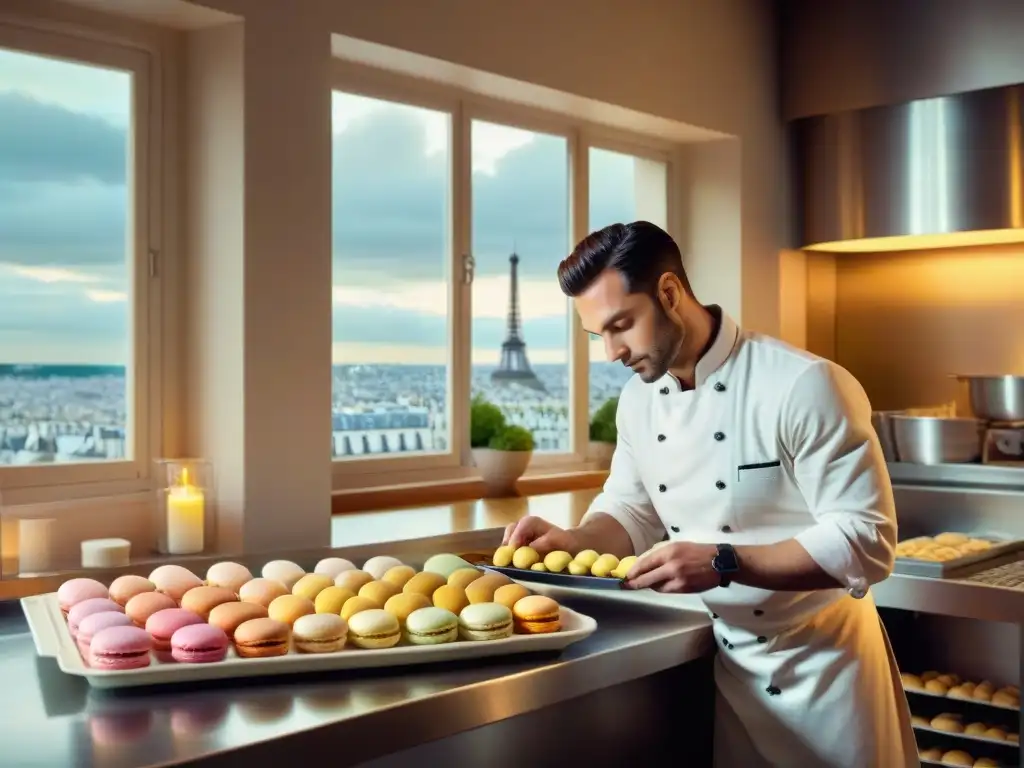 Un chef de repostería francés crea delicados macarons en una cocina parisina