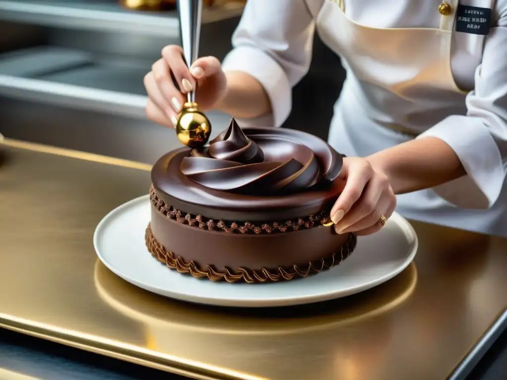 Un chef de repostería francés aplica con destreza técnicas avanzadas de chocolate en exquisitos postres