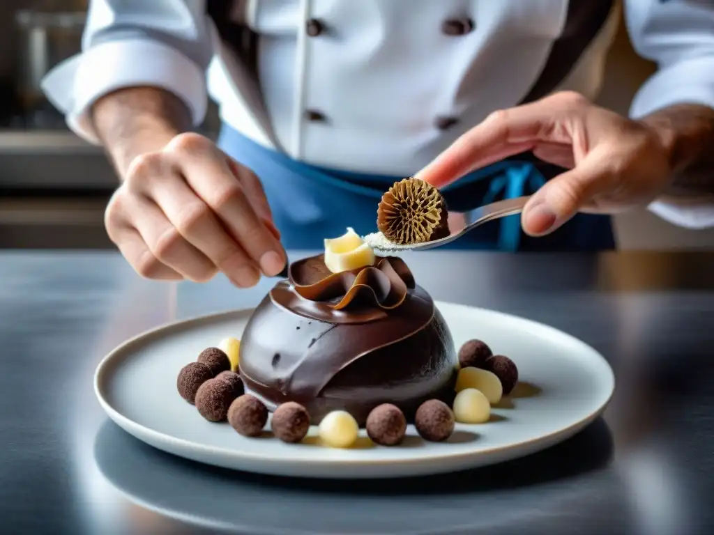 Un chef de repostería experto corta trufa negra fresca sobre un postre de trufa de chocolate, mostrando innovaciones culinarias con trufas francesas