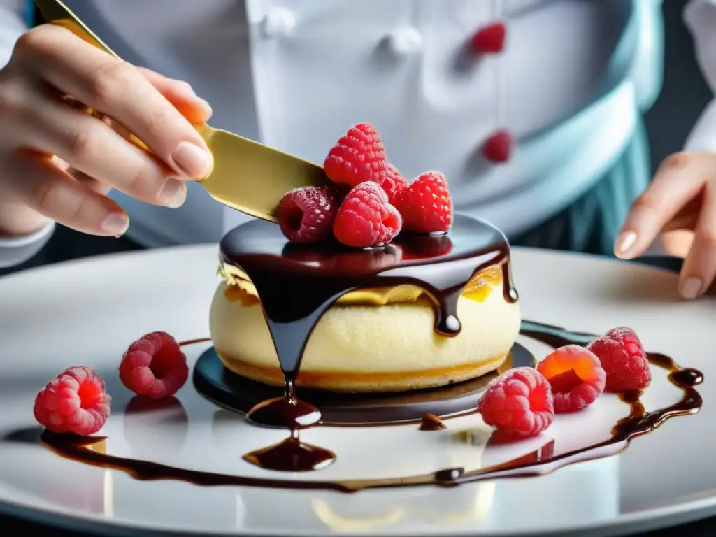 Chef pastelero coloca frambuesa en postre francés con precisión Un chef de repostería experto coloca una frambuesa en un postre francés gourmet