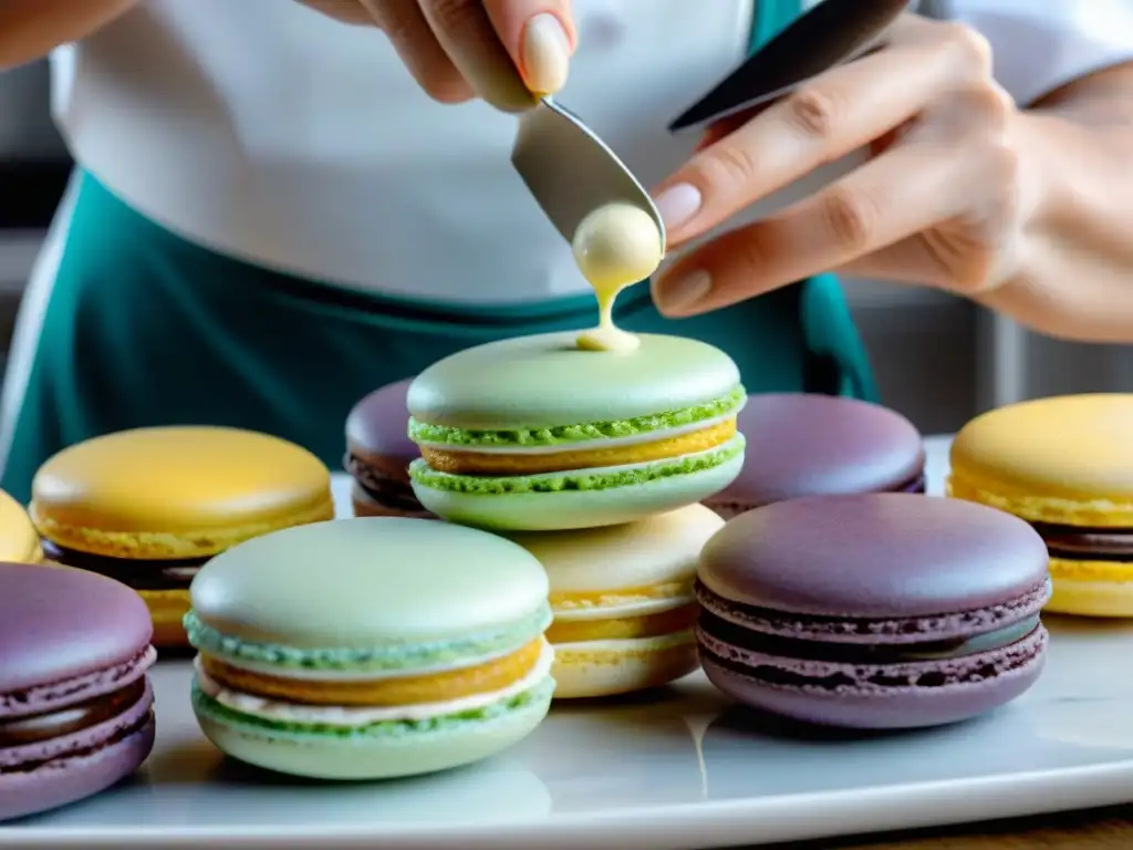 Un chef de repostería experto decora macarons con precisión en un curso online pastelería francesa completa