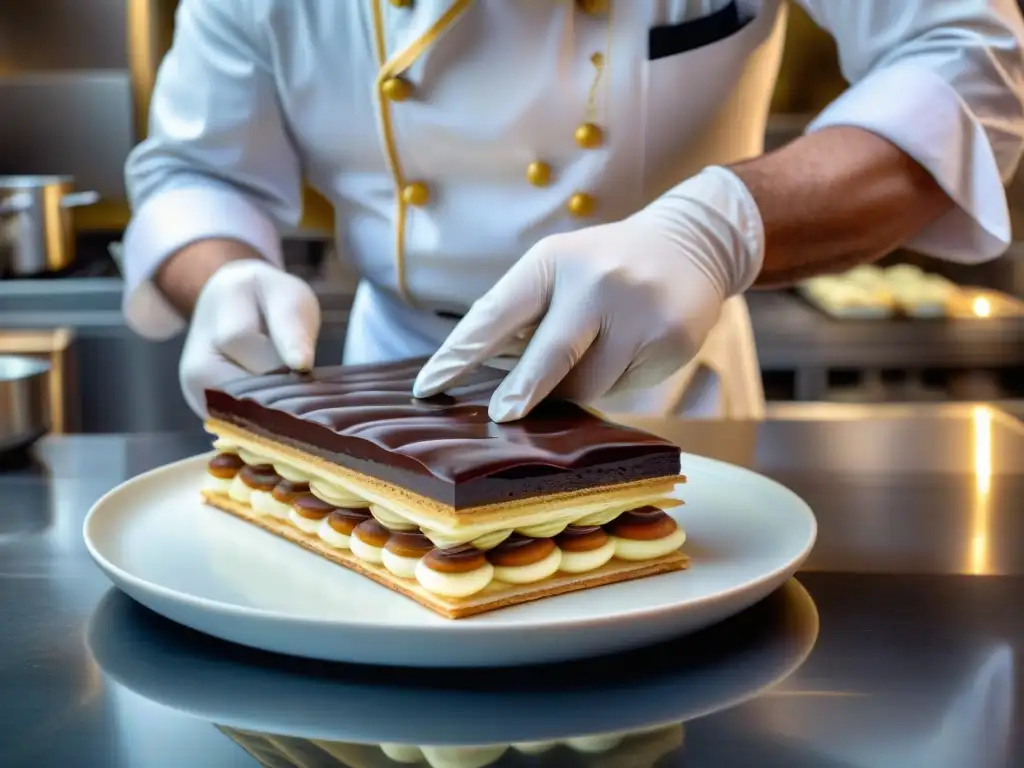 Un chef de repostería experto en acción, creando un millefeuille de ensueño con ganache de chocolate