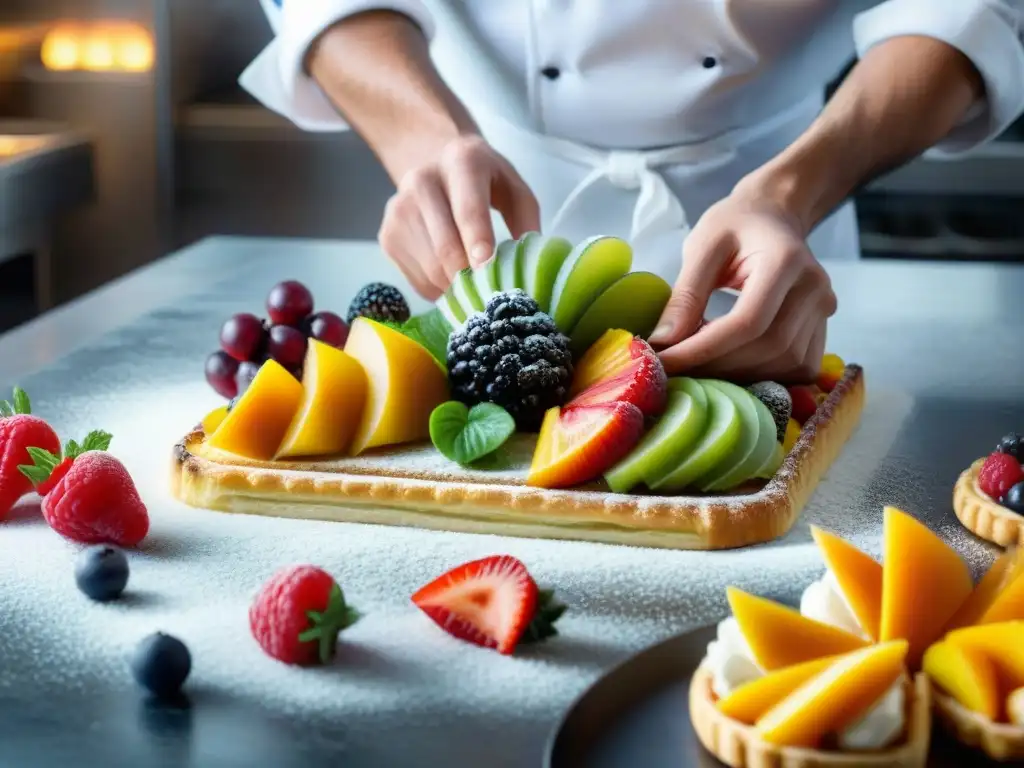 Un chef de repostería experto crea una obra de arte con frutas y verduras en pastelería francesa