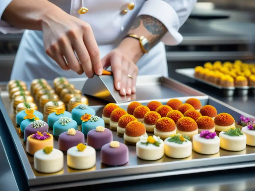 Un chef de repostería experto decorando petit fours con Técnicas de cocina francesa en miniatura