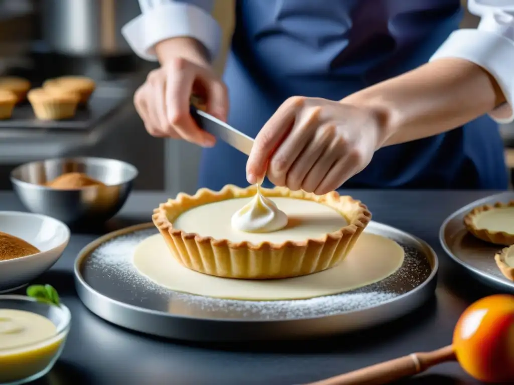 Un chef de repostería experto esparciendo relleno cremoso en una tarta recién horneada