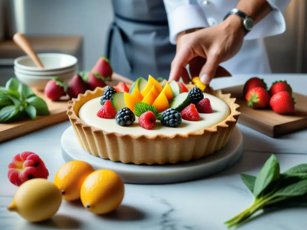 Un chef de repostería francés experto decora una tarta con precisión rodeado de frutas frescas y hierbas