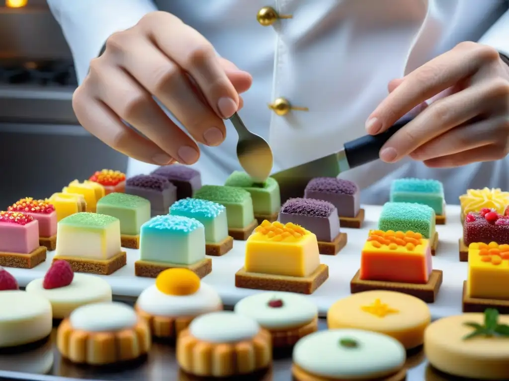 Un chef de repostería experto en técnicas de cocina francesa en miniatura decora petit fours con precisión y arte