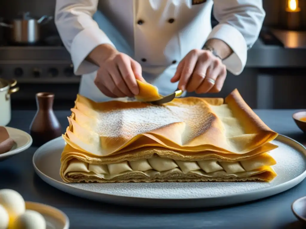 Un chef de repostería experto fusiona técnicas culinarias francesas e italianas al preparar un tiramisú, en un entorno de cocina tradicional