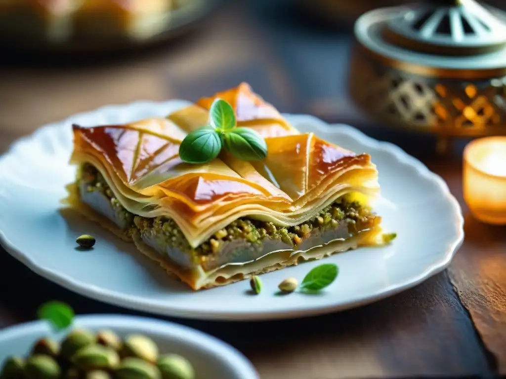 Un chef de repostería experto elaborando baklava, fusionando tradiciones culinarias árabes y francesas en una pastelería parisina