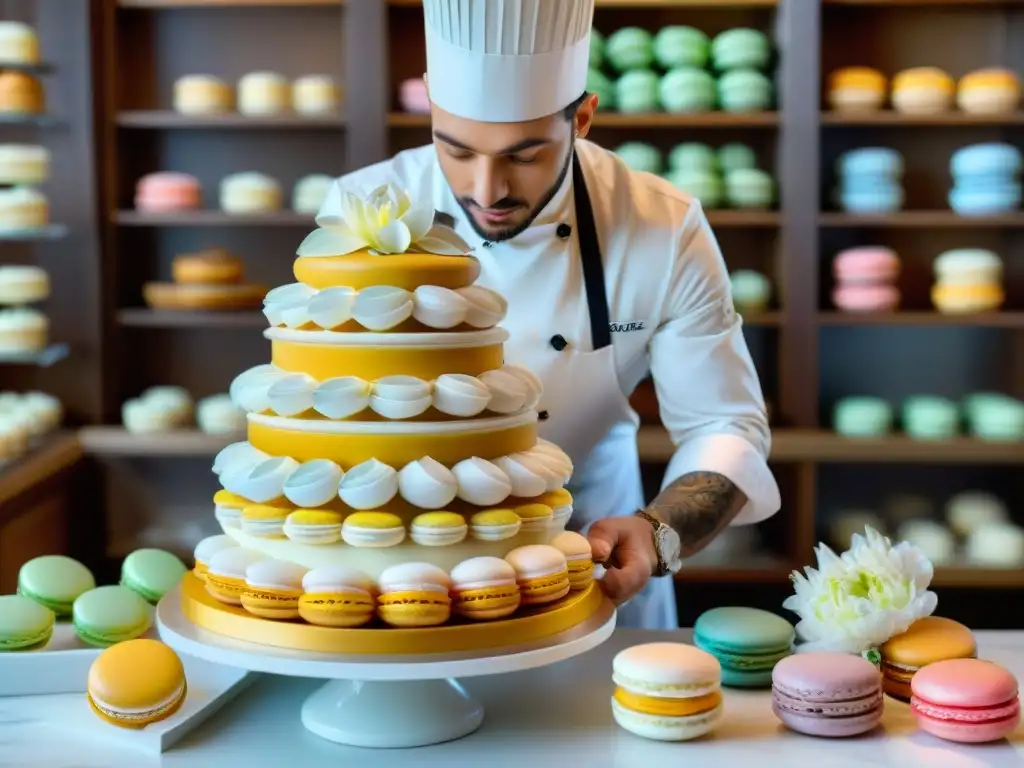 Un chef de repostería francés esculpe flores de azúcar para un pastel de bodas, rodeado de delicias francesas