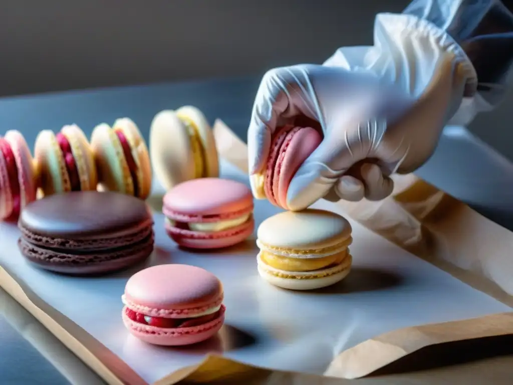 Un chef de repostería francés sella un macaron de frambuesa en bolsa al vacío, fusionando técnicas postres franceses al vacío