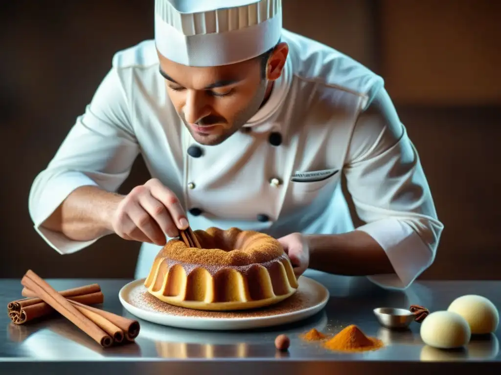 Chef de repostería francés espolvoreando canela sobre un postre exquisito en una cocina bulliciosa