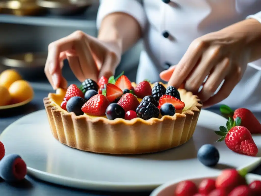 Un chef de repostería francés disponiendo con destreza pequeñas frutas rojas sobre una tarta recién horneada en una cocina profesional