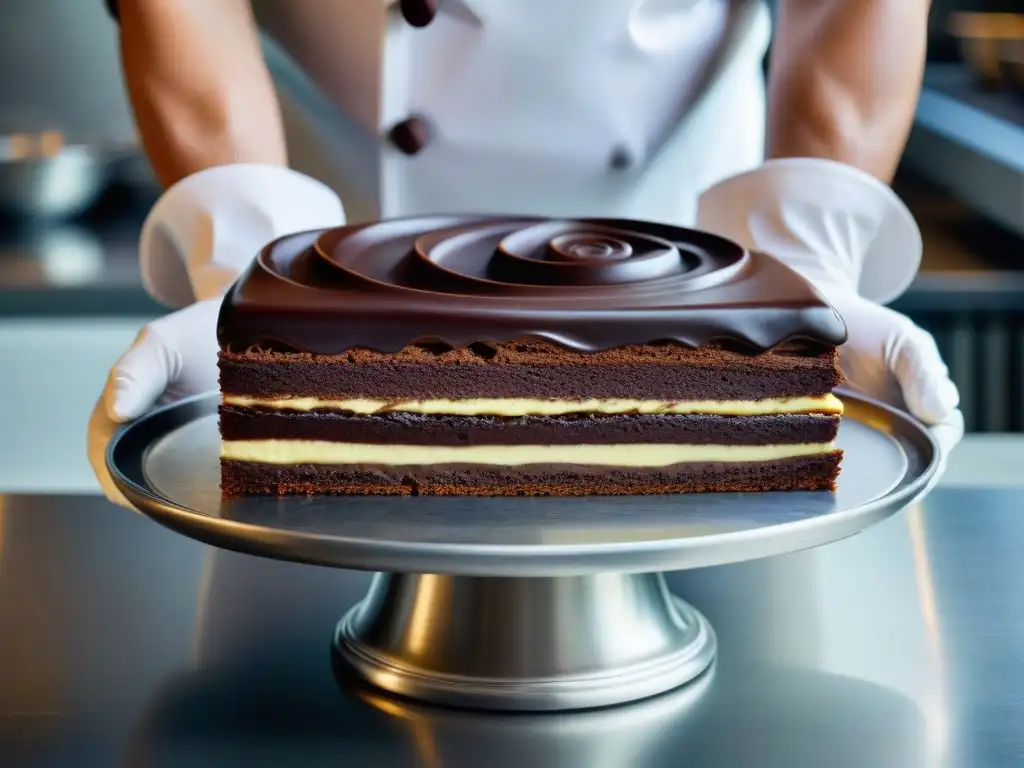 Un chef de repostería francés experto decorando un exquisito pastel ópera