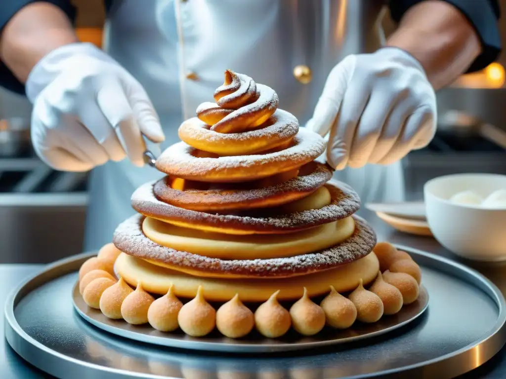 Un chef de repostería francés experto en técnicas avanzadas de confitería, decorando con precisión un croquembouche multitier