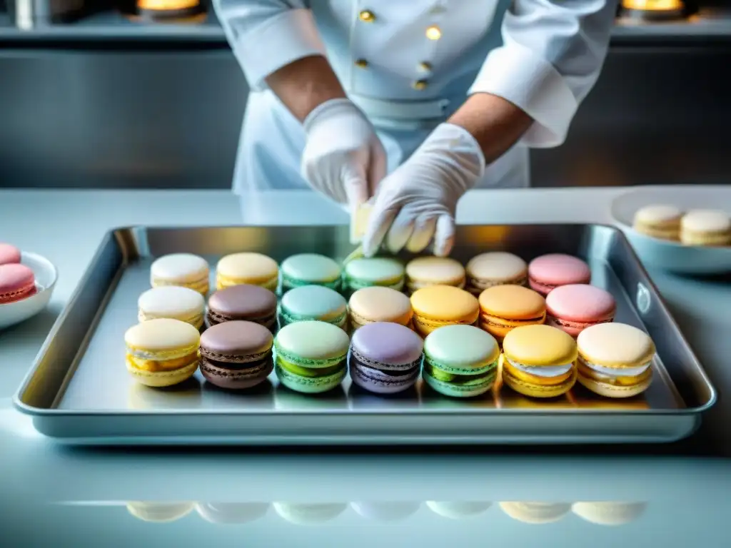 Un chef de repostería francés experto en acción, creando coloridos macarons con precisión